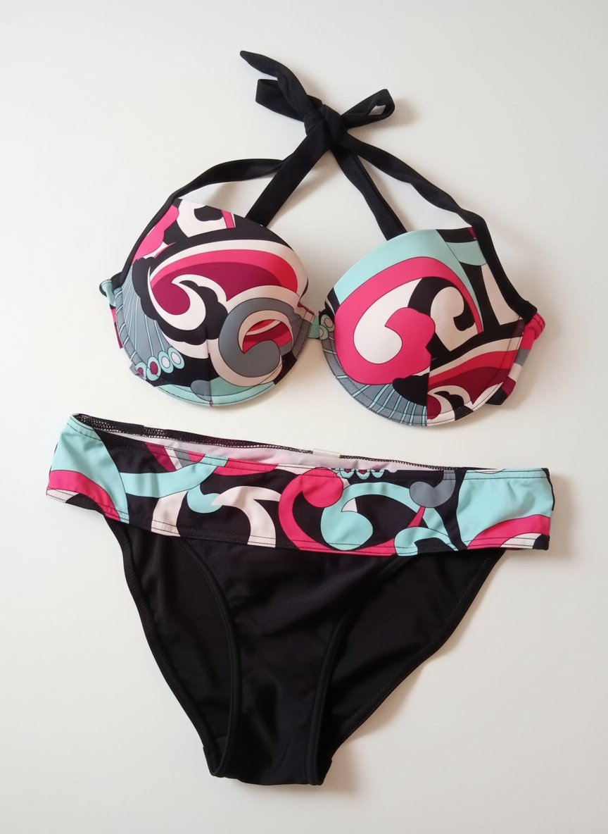 a two-piece bikini set featuring a vibrant, multicolored swirl and geometric pattern heavily 