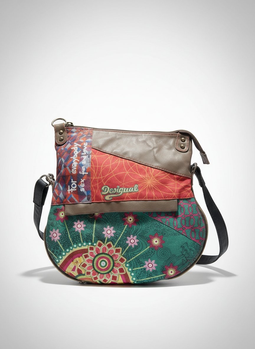 Sac à main bandoulière de la marque espagnole Desigual se distingue par son style bohème, coloré et asymétrique✨️.