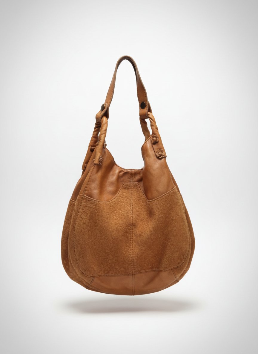 Ce sac porté épaule de style bohème de la marque Lucky Brand présente des détails en relief fleuris (floral embossed) sur le devant, une poche en daim et des garnitures de petites fleurs en cuir: Ce type de sac en cuir véritable  