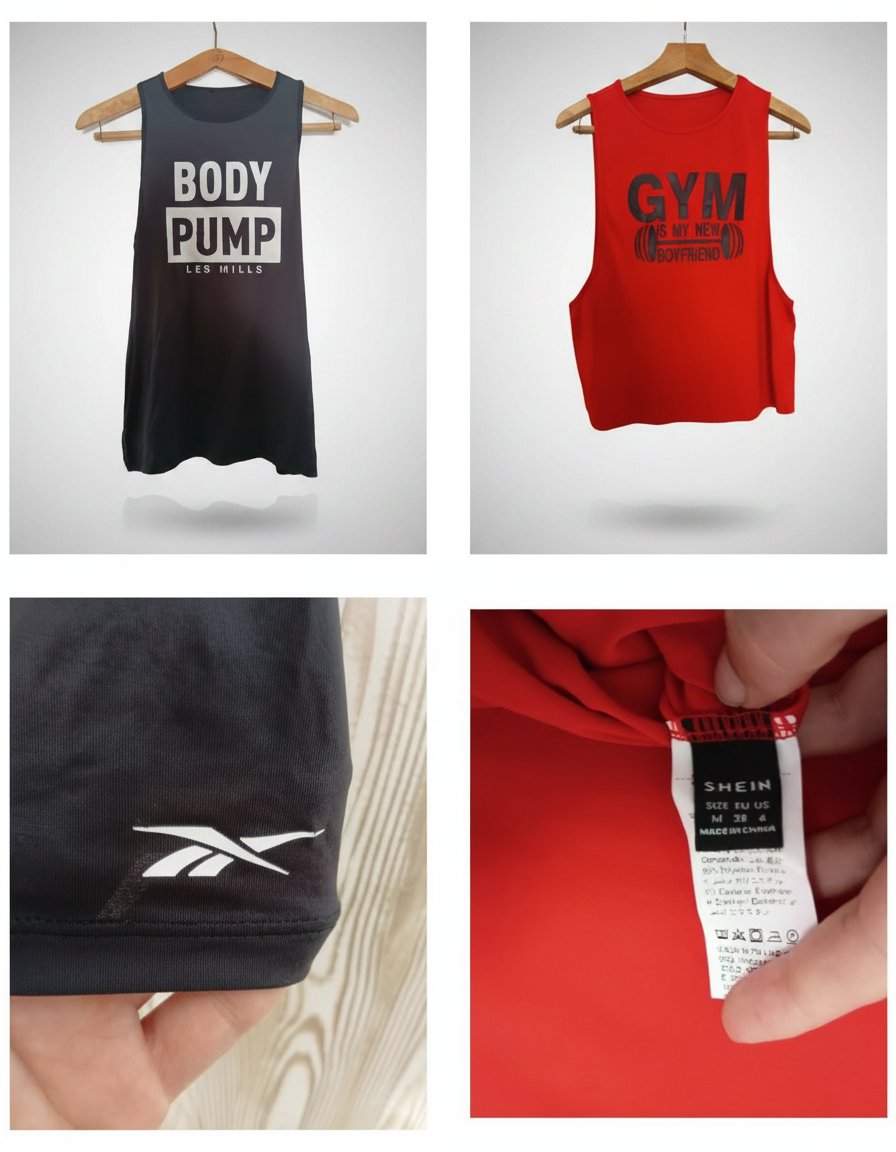 Reebok Les Mills noir : Top original, respirant et stylé pour booster tes entraînements.  Shein rouge Gym : Fun et motivant, idéal pour afficher ton énergie à la salle.