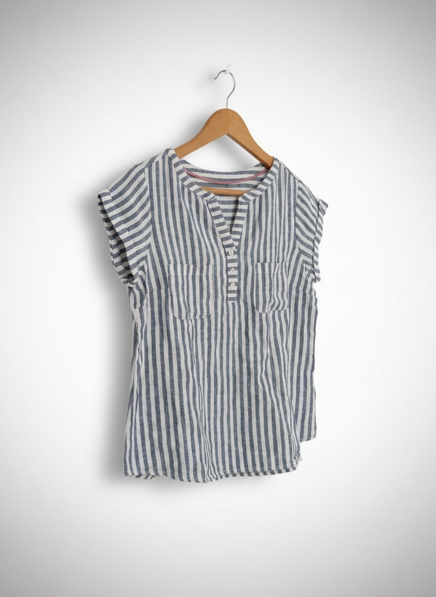 Chemise kamraya jdida à manches courtes pour femme, caractérisée par un motif à rayures verticales blanches et bleu marine.