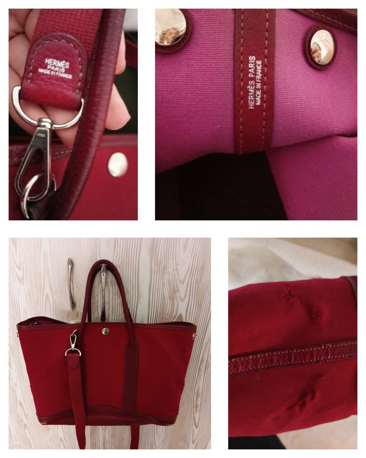 Sac Hermès authentique, en cuir rouge éclatant, avec finitions raffinées et marquage “Made in France”. Pièce de luxe intemporelle, élégante malgré quelques traces d’usage, idéale pour un style distingué.