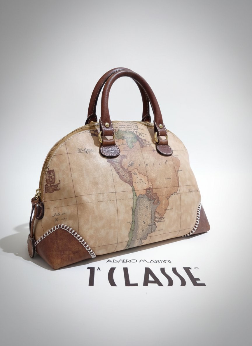 Sac Alviero Martini 1ª Classe original. Motif carte vintage, cuir marron, style italien unique. État excellent, chic et pratique.