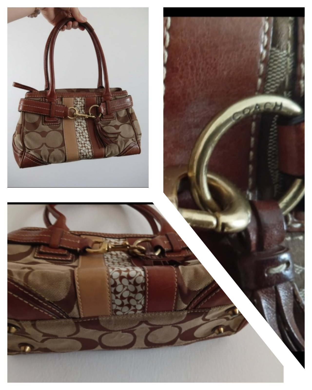 Ce sac est un modèle vintage authentique de la marque Coach, précisément le sac à main Coach Hampton Signature Stripe Satchel/Carryall (souvent associé aux modèles comme le F11529 ou 10264).