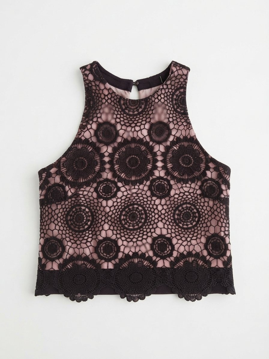 Top sans manches dentelle noire sur fond beige