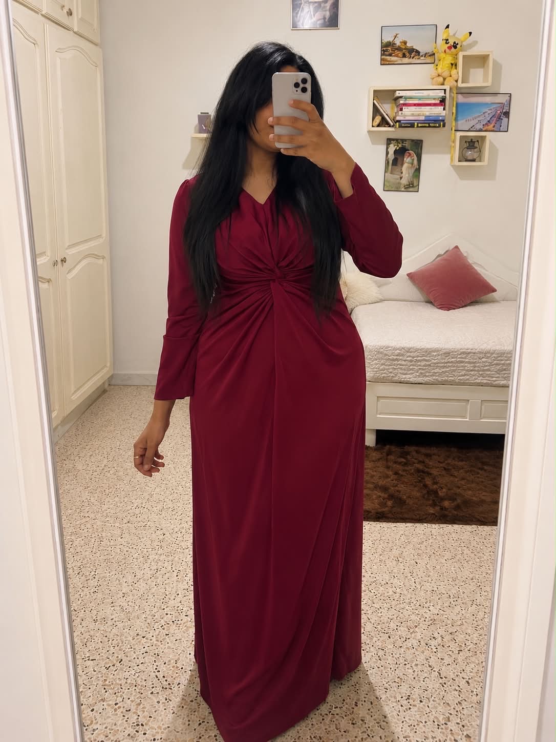 Robe satin soirée rouge bordeaux 