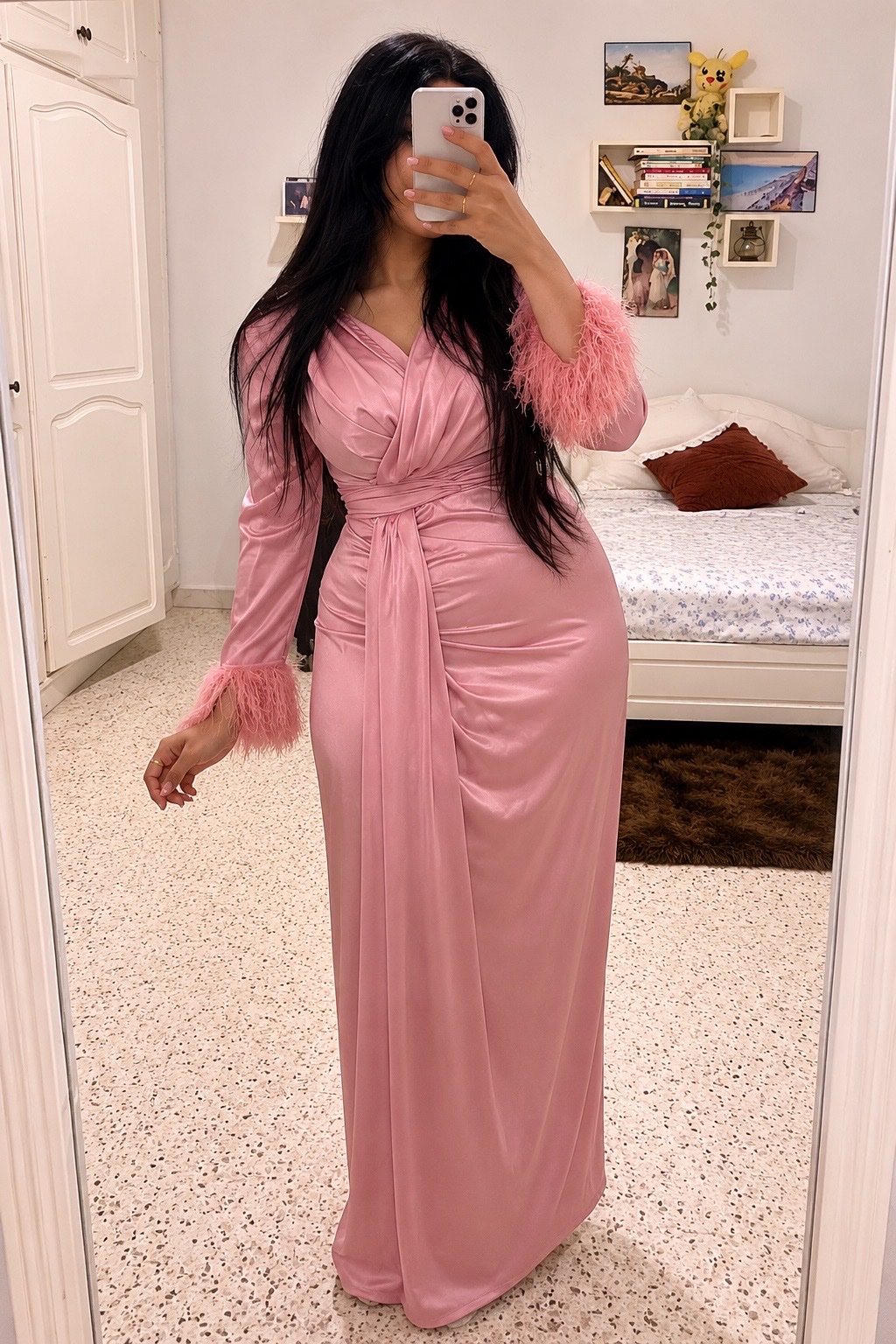 Robe satin soirée rose poudré