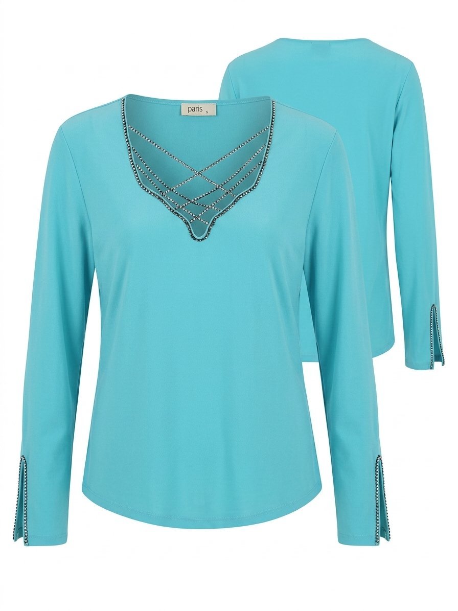 Élégante tunique turquoise - Encolure bijoux et manches fendues