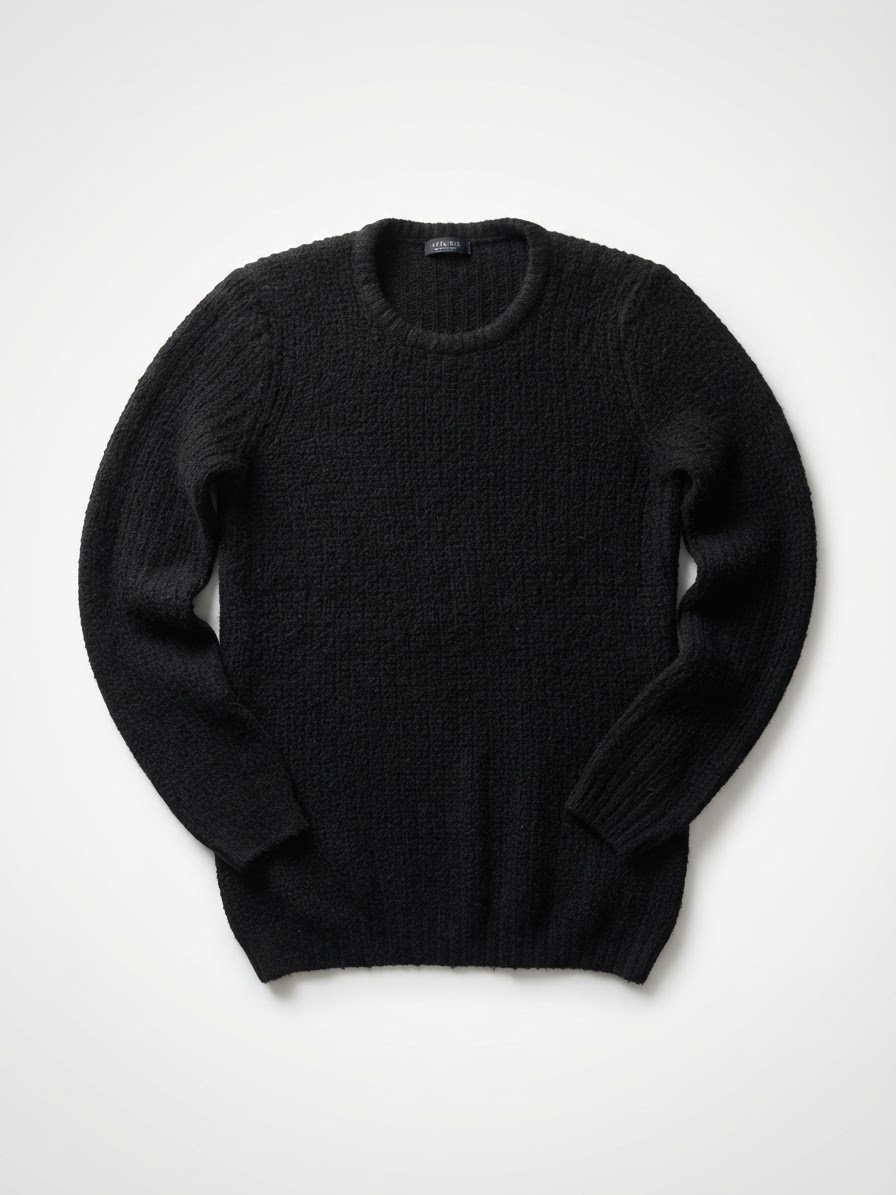 Pull noir à col rond présente une texture tricotée classique et douillette, idéale pour les journées fraîches.