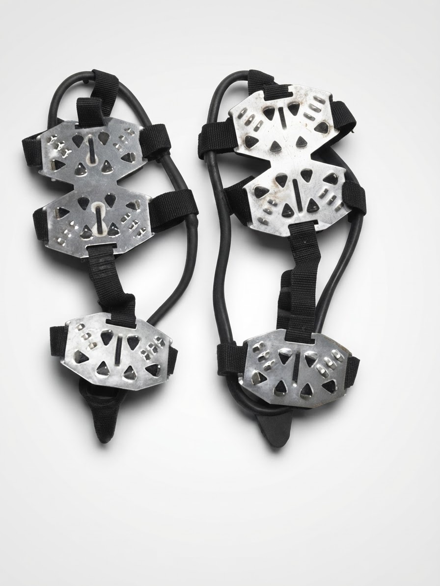 Crampons de marche à glace (ou antidérapants pour chaussures/bottes) dotés de plaques métalliques rivetées avec des pointes et de sangles ou élastiques noirs de fixation