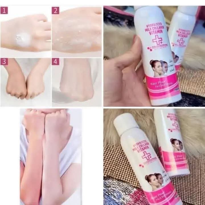 Un spray éclaircissant de la marque Wokali contenant du collagène de lait hydrolysé et de la vitamine C. 