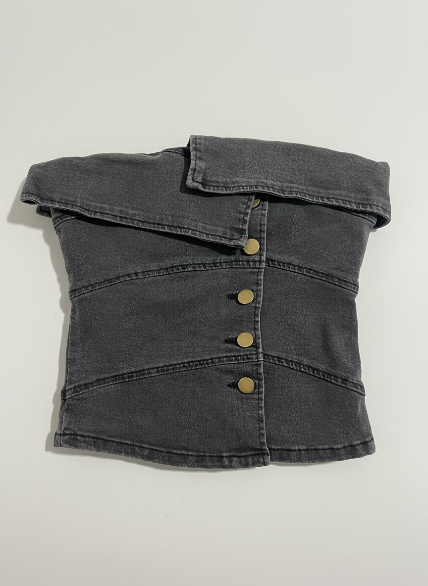 Top denim gris foncé sans bretelles – boutons dorés, style corset (S/M)