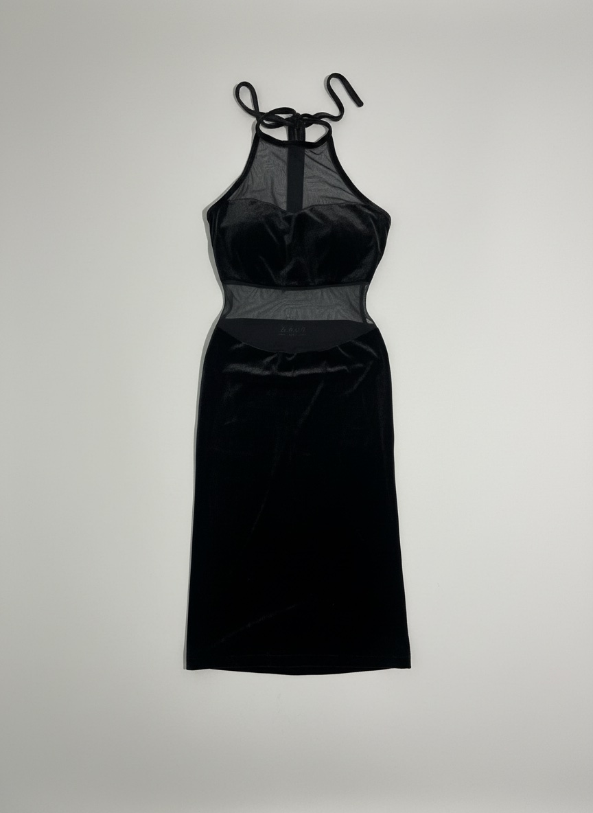 Robe velours noire dos nu – cut-out mesh, style soirée (S)