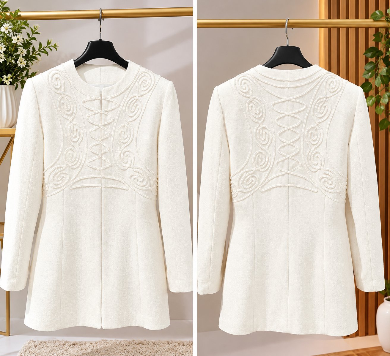Manteau blazer blanc cassé élégant brodé – Taille 34.