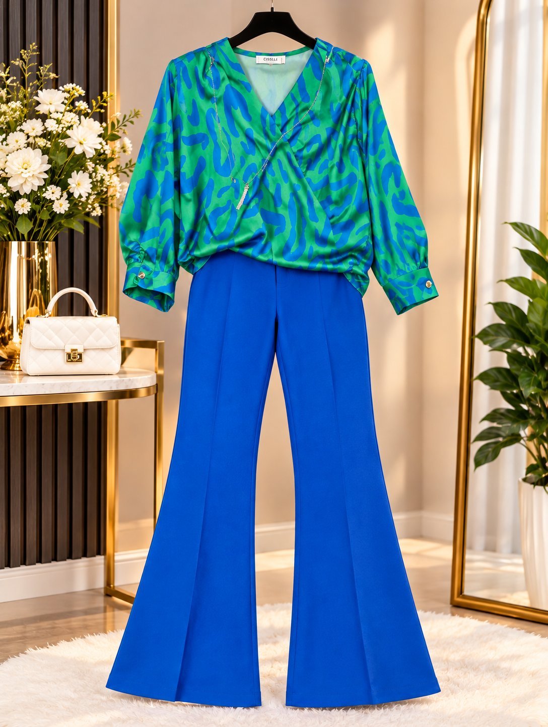 Ensemble pantalon bleu électrique et blouse vert et bleu élégante.