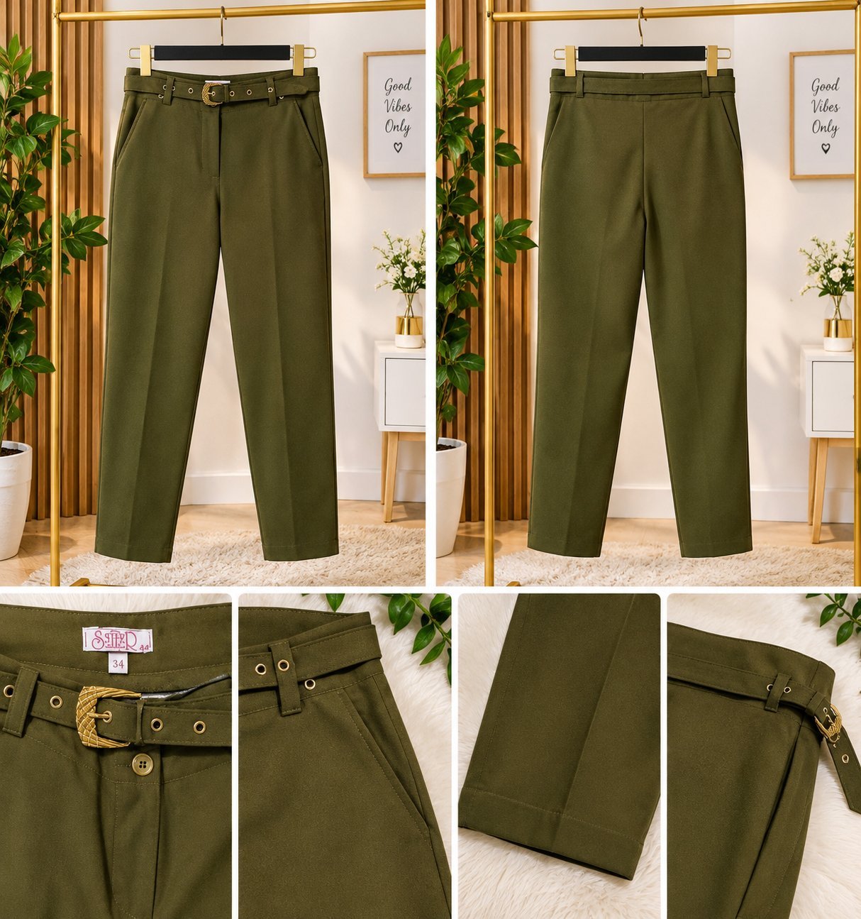 Pantalon femme kaki élégant avec ceinture dorée.