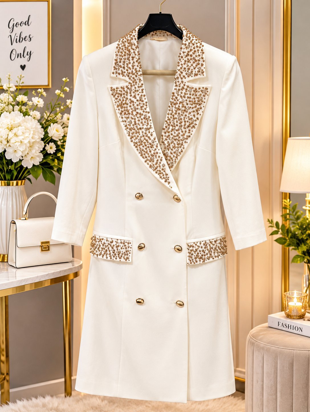 Élégante robe blazer blanche ornée de strass dorés ✨