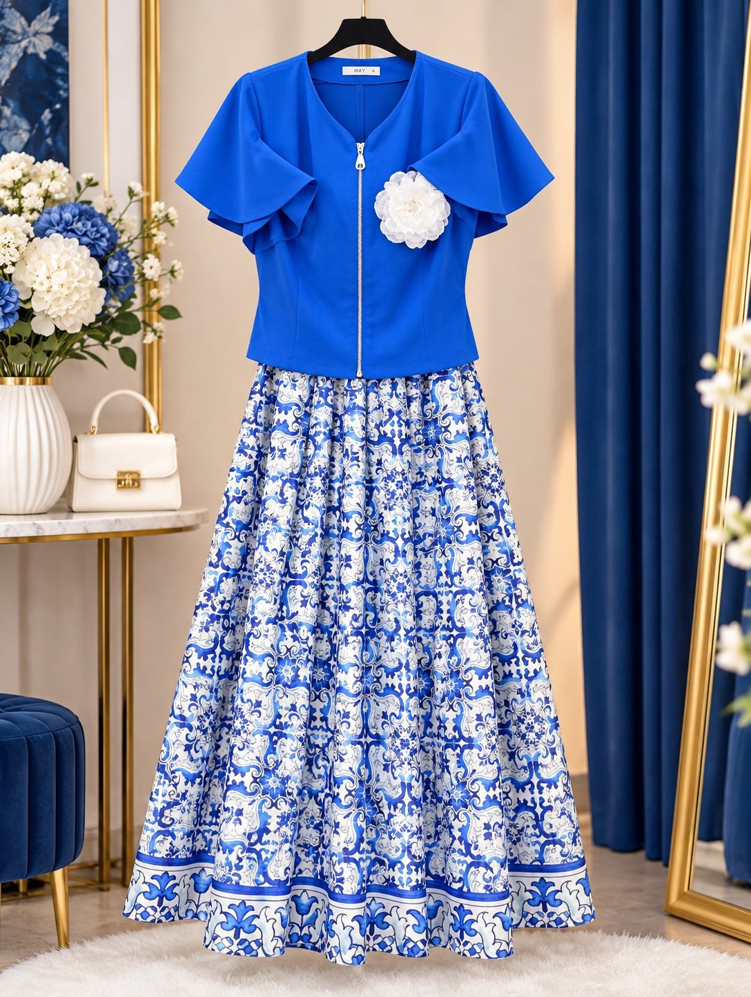 Ensemble élégant bleu royal avec jupe longue à motifs bleu et blanc.
