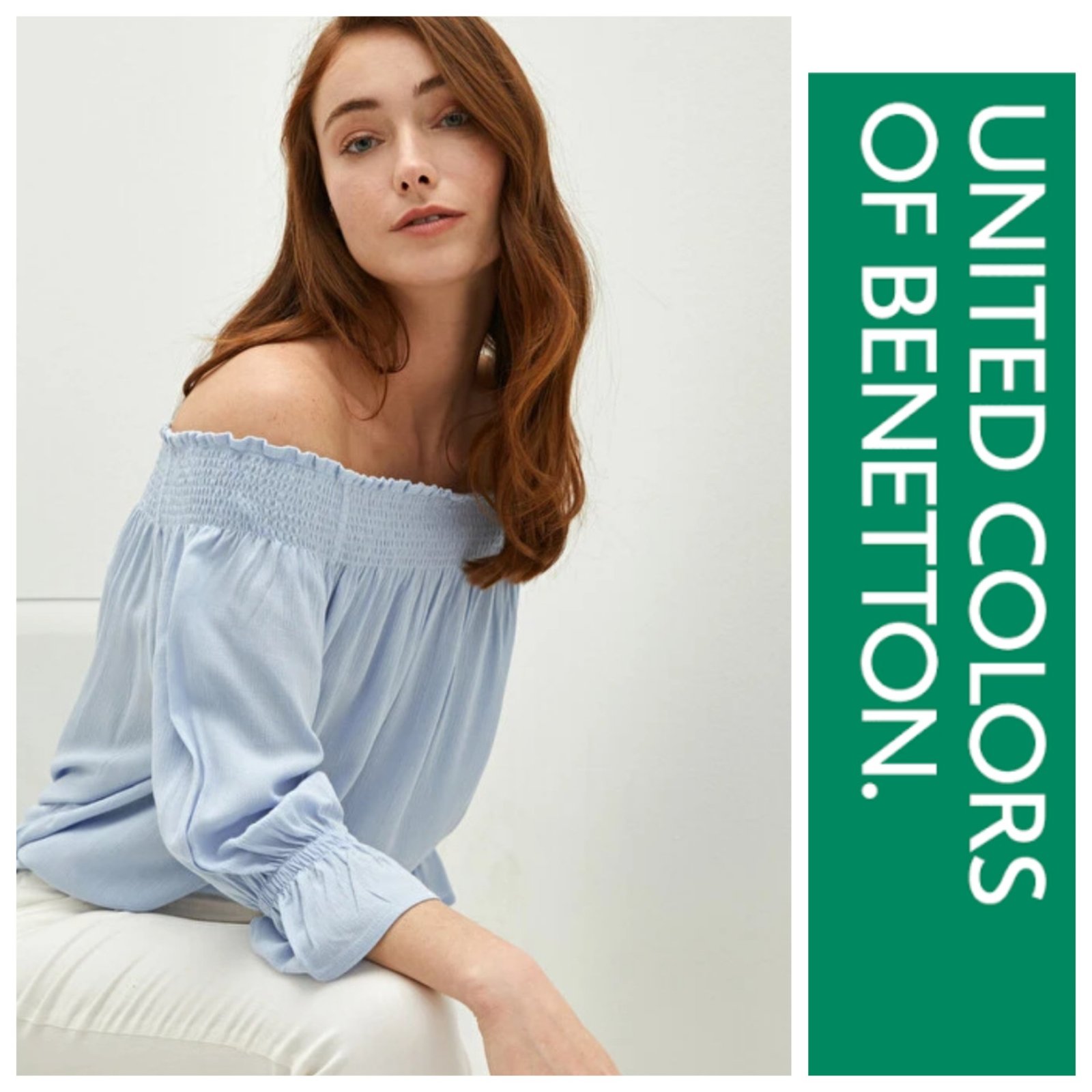 Une blouse à rayures et à épaules dénudées de la marque BENETTON