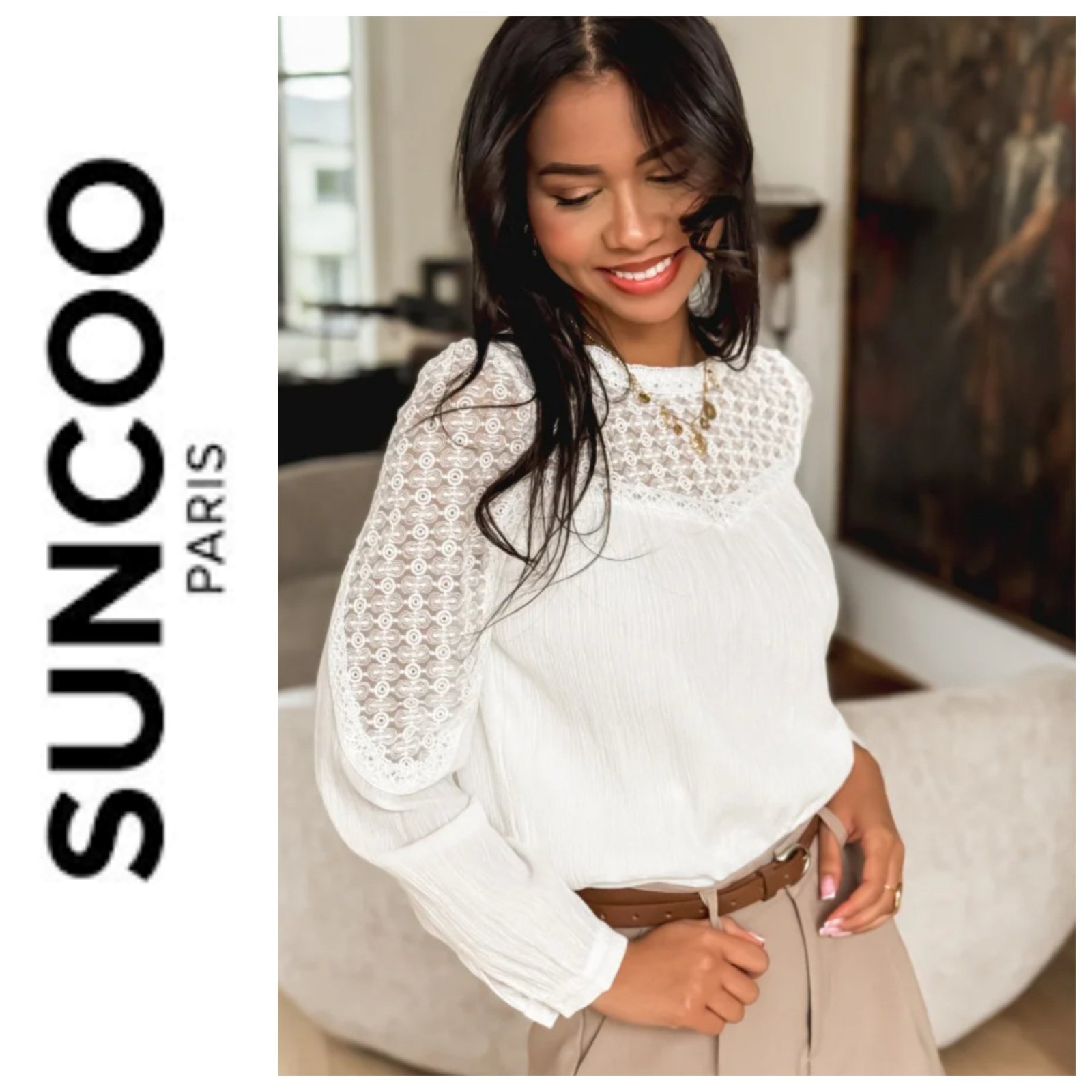 Une jolie chemise avec du guipure de la marque SUNCOO