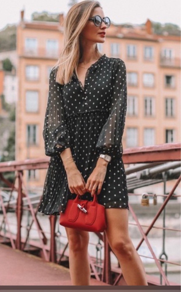 Zara Black & White Pleated Polka Dot Swing Dress