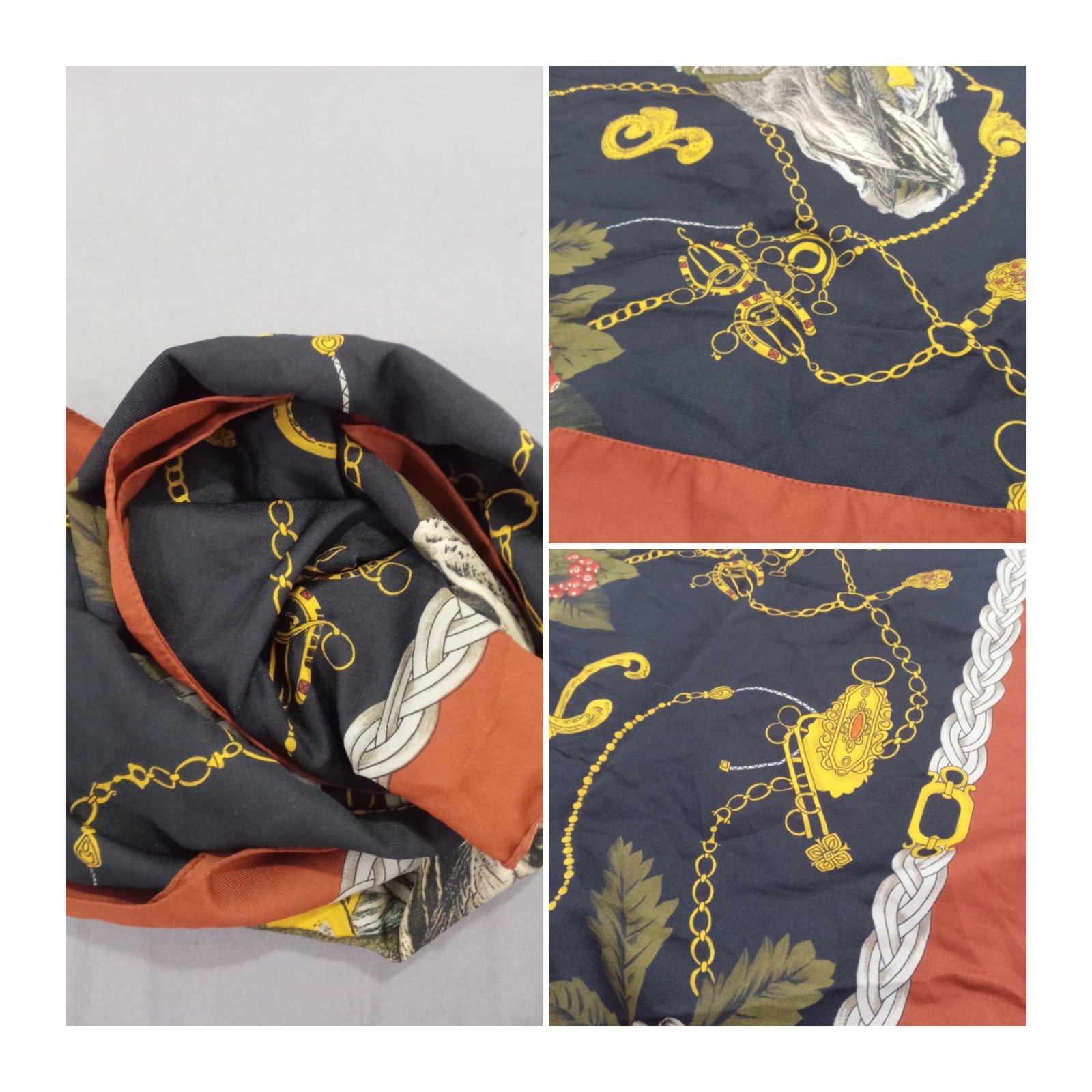 🖤 Foulard classique chic en noir avec un cadre marron élégant et de délicates touches dorées qui ajoutent une allure raffinée et sophistiquée ✨  