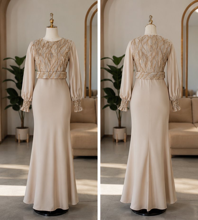 ✨ Robe beige ajustée style sirène en satin, avec une élégante touche pailletée marron. Chic et raffinée, parfaite pour une soirée ou occasion spéciale 🤎✨