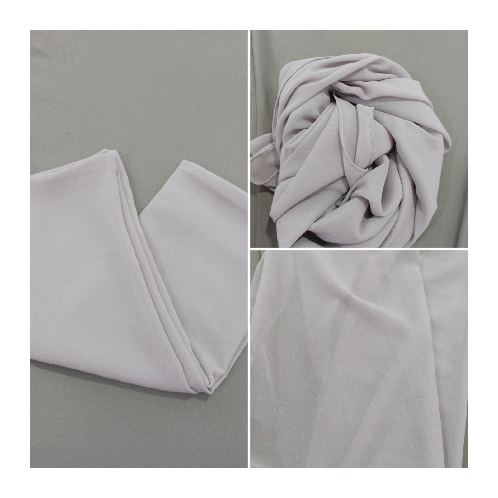 Foulard en chiffon gris clair, léger et élégant, au toucher doux et fluide.