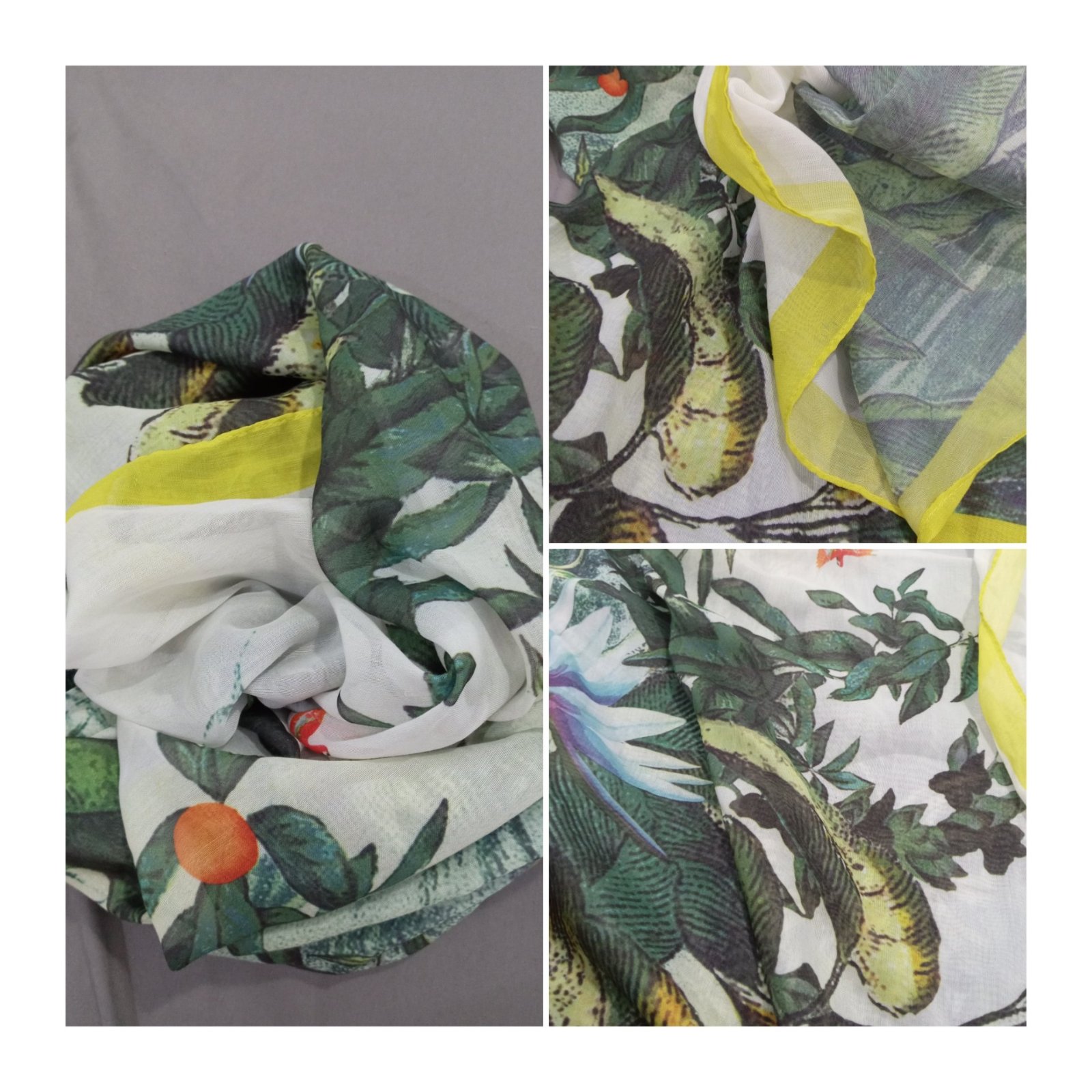 Foulard blanc à fines lignes, bord jaune doux avec une légère touche verte au centre 🌿✨. Simple, élégant et facile à porter au quotidien 🤍💛