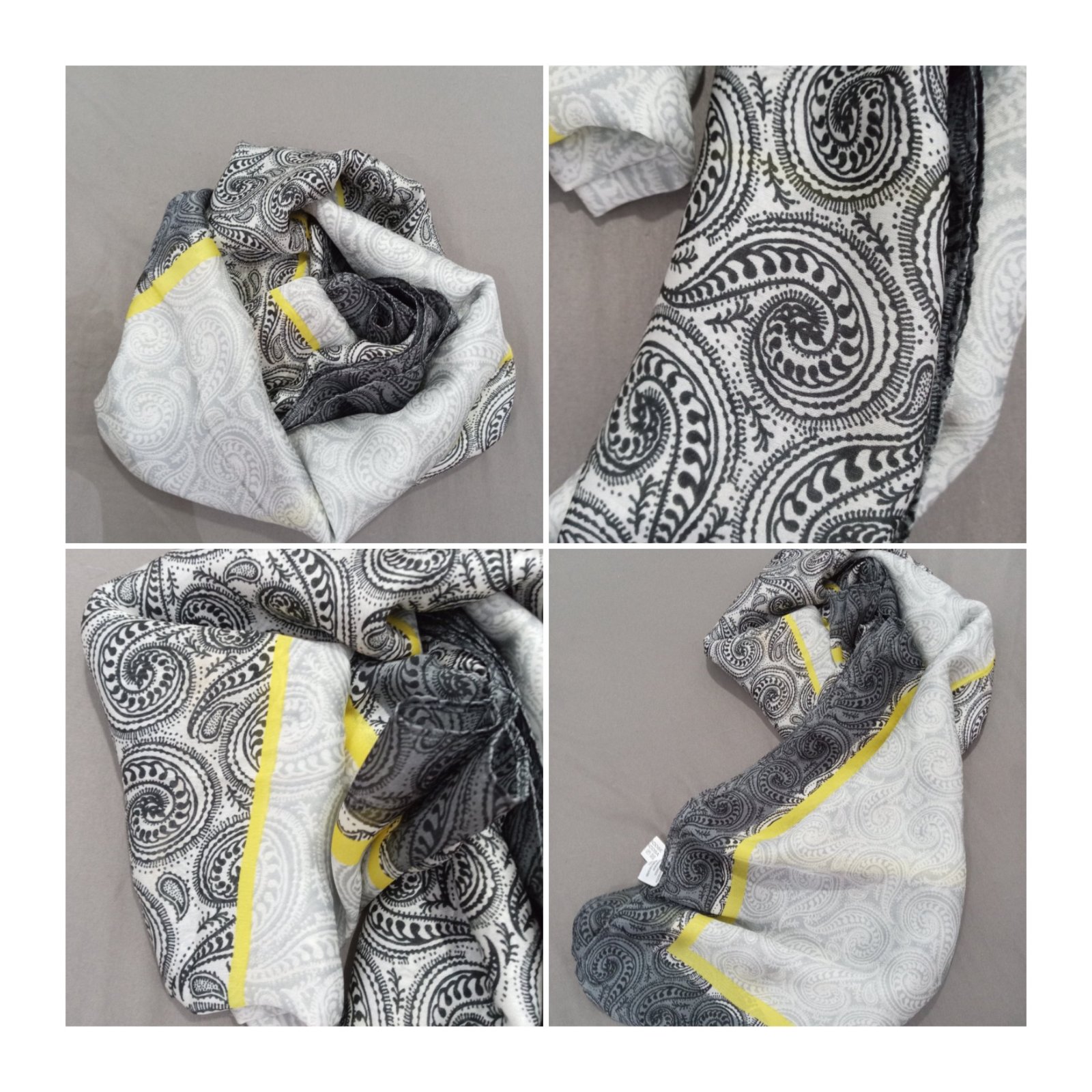 🖤 Foulard noir et gris avec une touche jaune, 100% viscose ✨ léger, doux et très élégant, facile à porter pour un look chic au quotidien ou pour une touche classe à vos tenues 