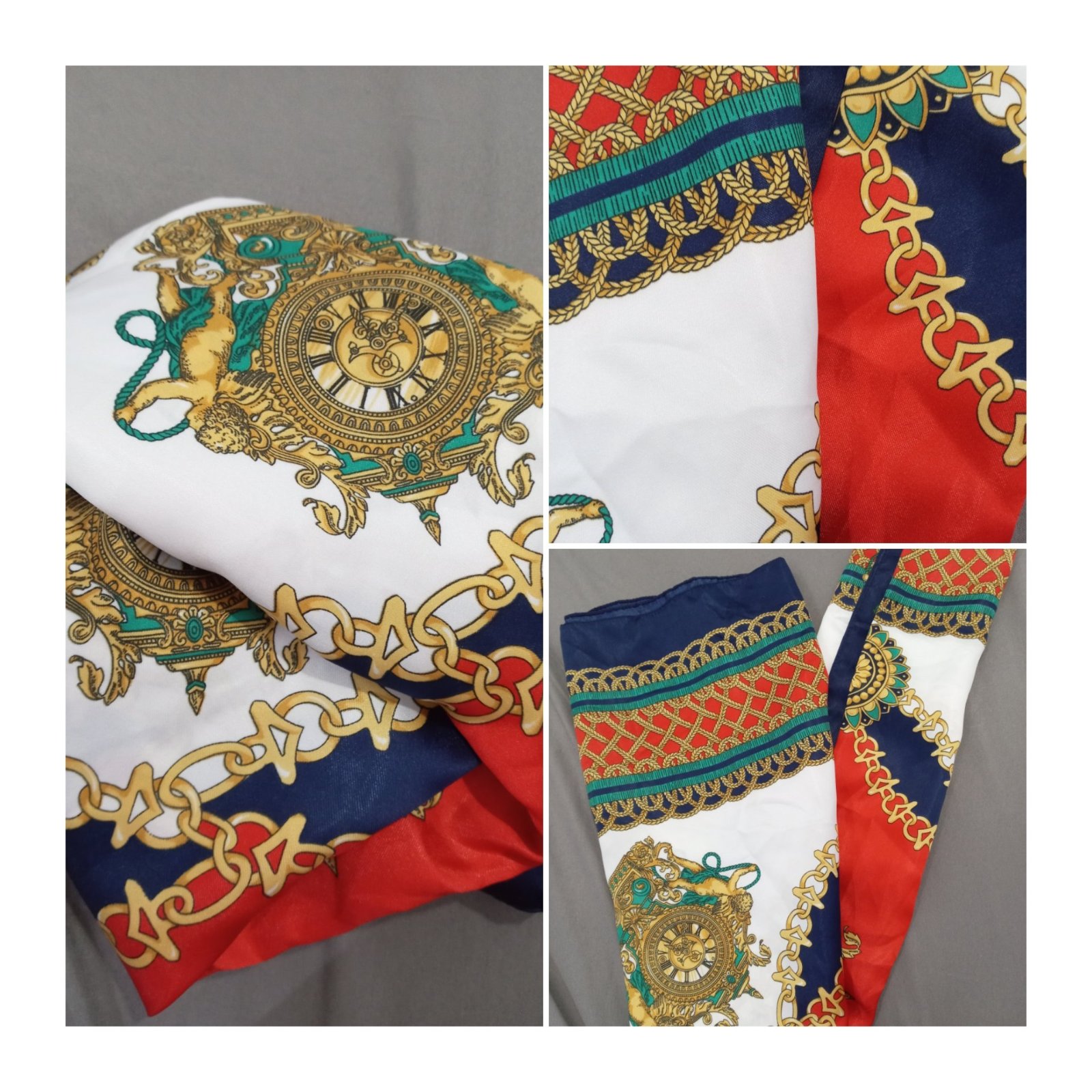 Foulard blanc en satin, cadre bleu marine avec une touche rouge et dorée ✨ Chic, doux et élégant avec une légère brillance qui donne une touche raffinée à votre look 