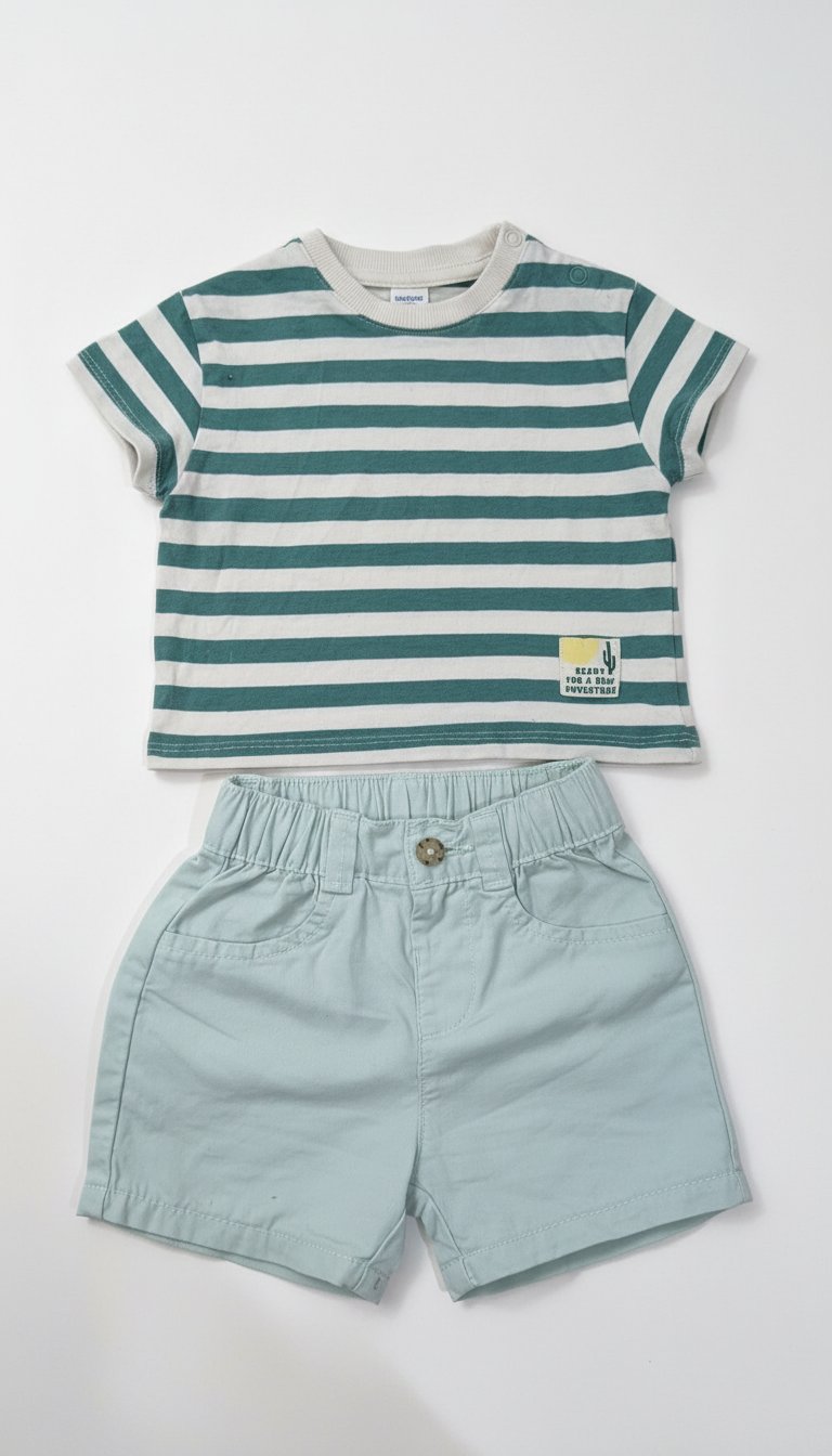 Ensemble été bébé garçon Kiabi 3 mois - T-shirt rayé + Short vert d’eau  