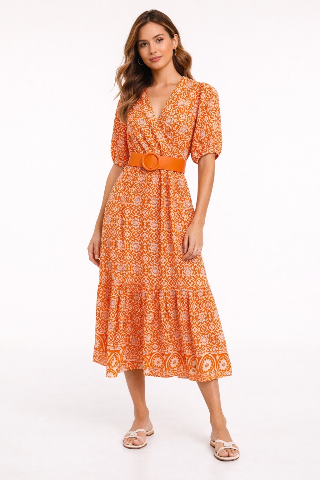 Robe midi orange imprimée avec ceinture