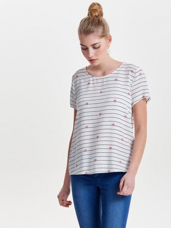 Blouse ONLY Rayée à Petits Cœurs Roses - Taille 38 - Très Bon État