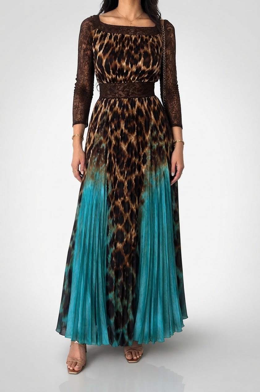 Robe longue plissée léopard & turquoise 🐆