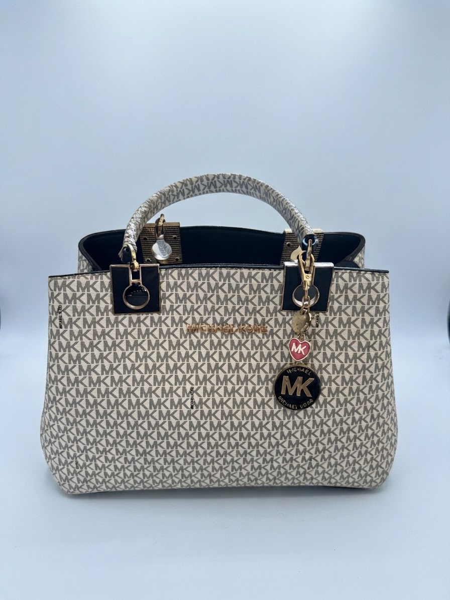 Sac Michael Kors blanc & gris avec détails dorés + porte-clé