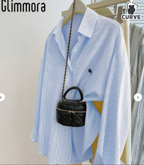 Glimmora T-shirt à manches longues, à rayures, à simple boutonnage, style décontracté, grande taille pour femme