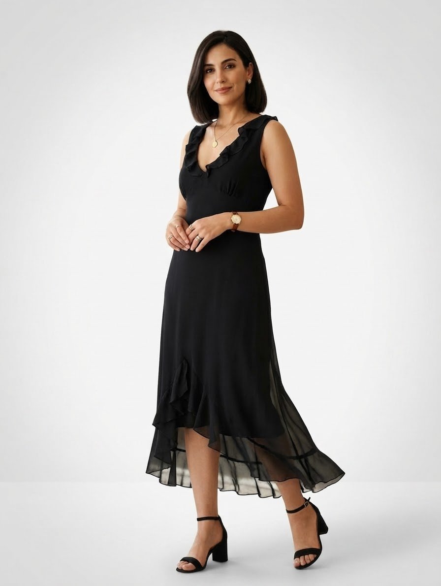 Robe longue noire vintage à volants BAY