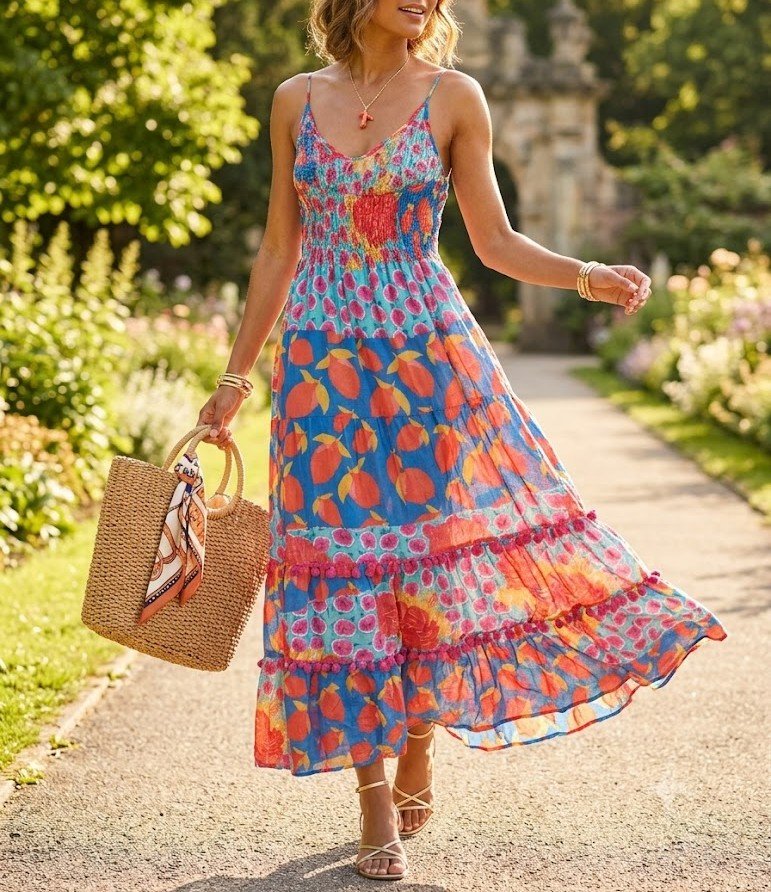 Robe longue imprimée fruité & pompons style boho