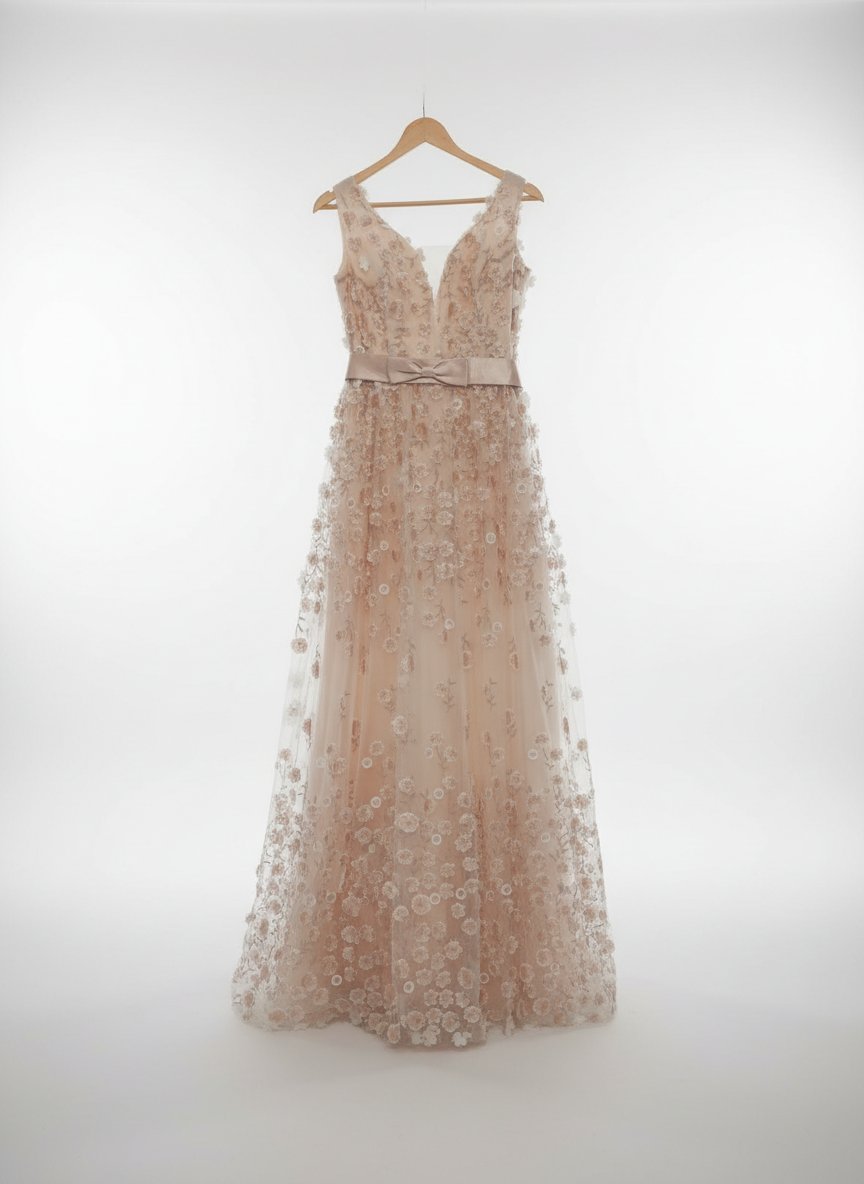 Robe de soirée longue beige/nude à fleurs 3D – Marque Fame Istanbul