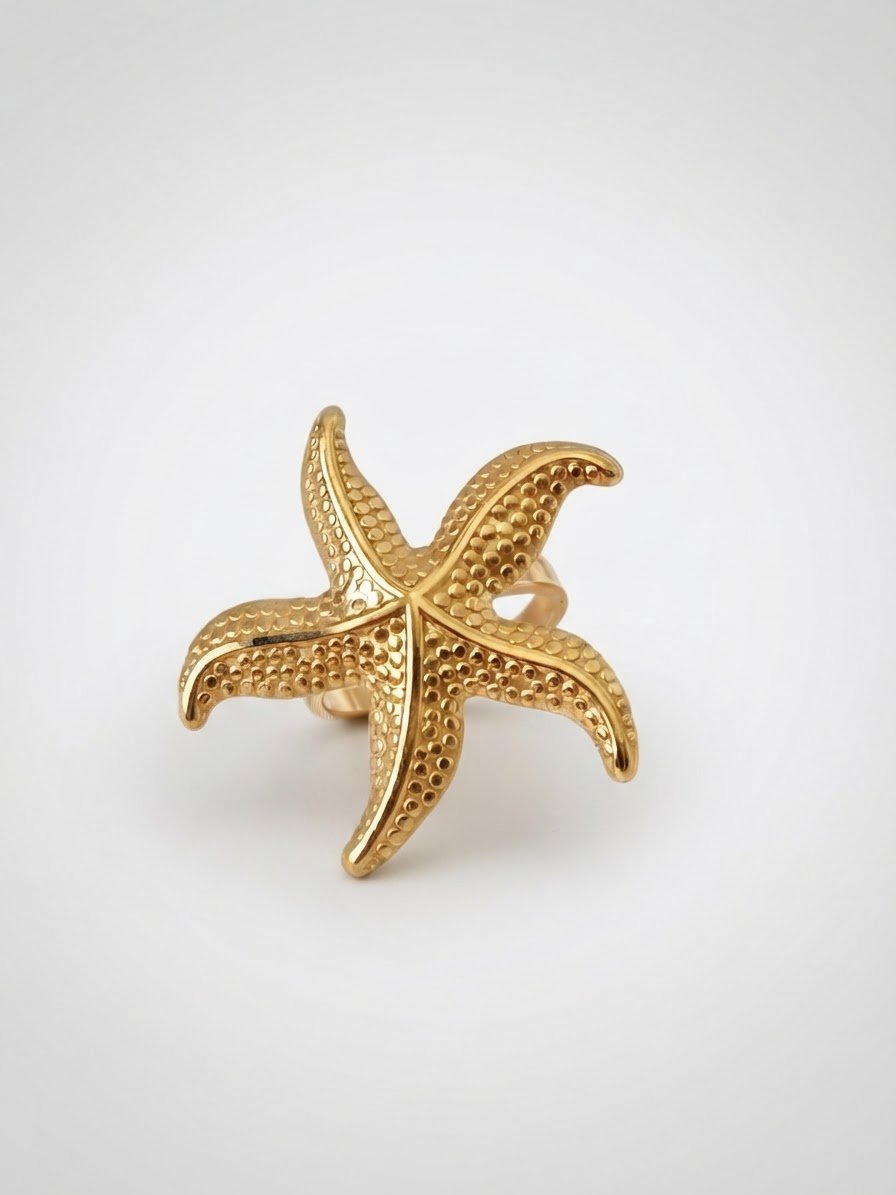 Bague Étoile de Mer – Relief Doré en acier inoxydabl