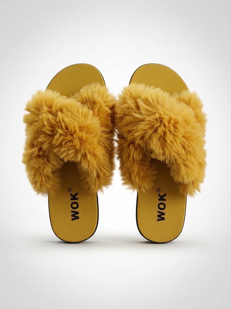 Claquettes jaunes en fourrure 