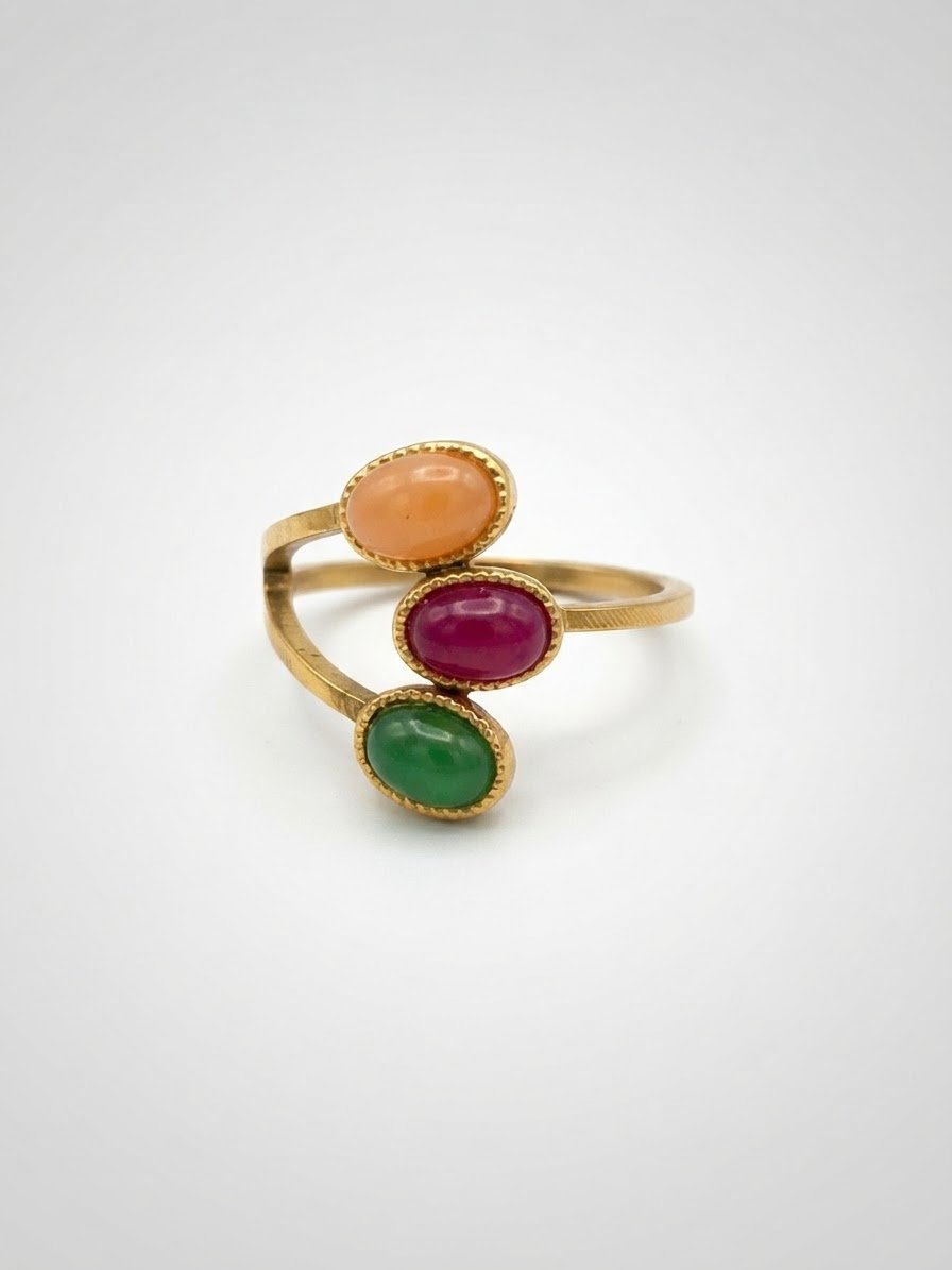 Bague Pierres Colorées – Dorée & Ajustable en acier inoxydable.