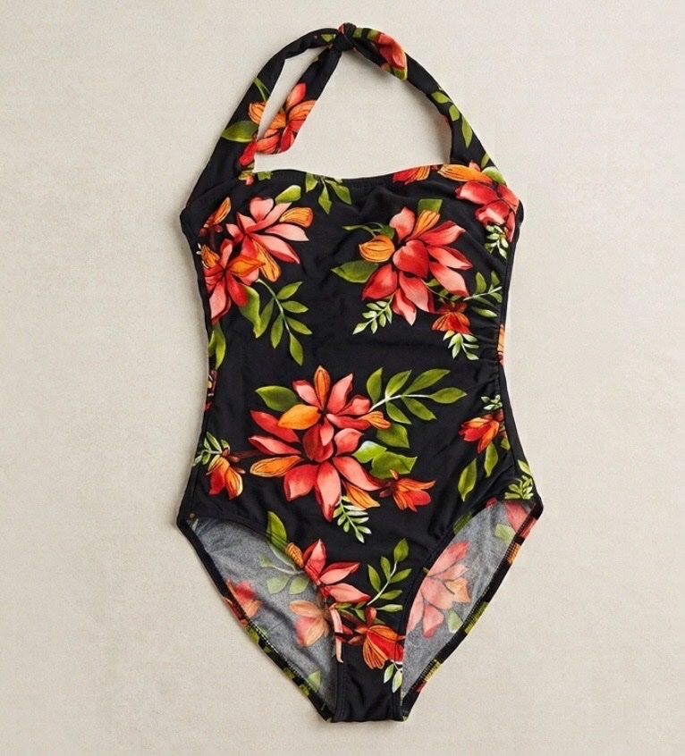 Maillot de bain noir aux fleurs multicolors 
