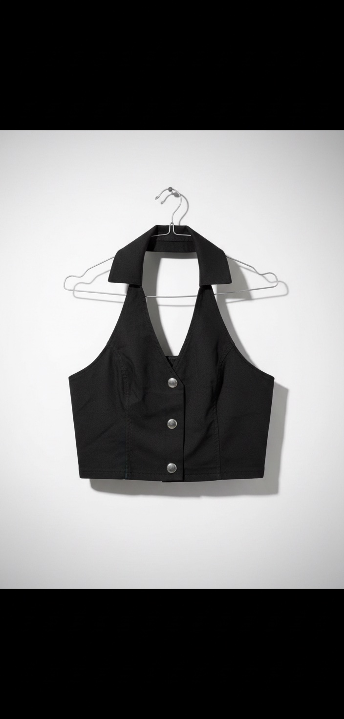Crop top noir dos nu à col montant et boutons argentés