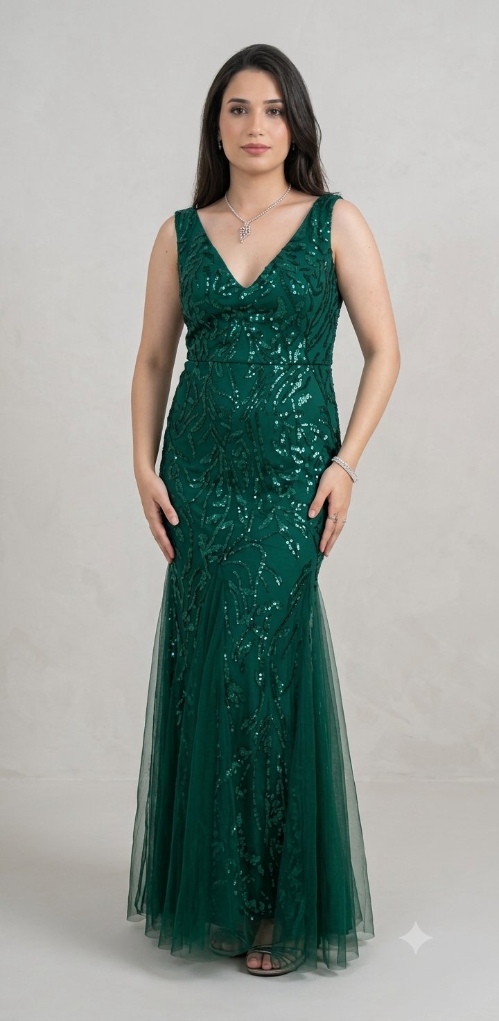 Robe soirée sirène vert émeraude brodé magnifique