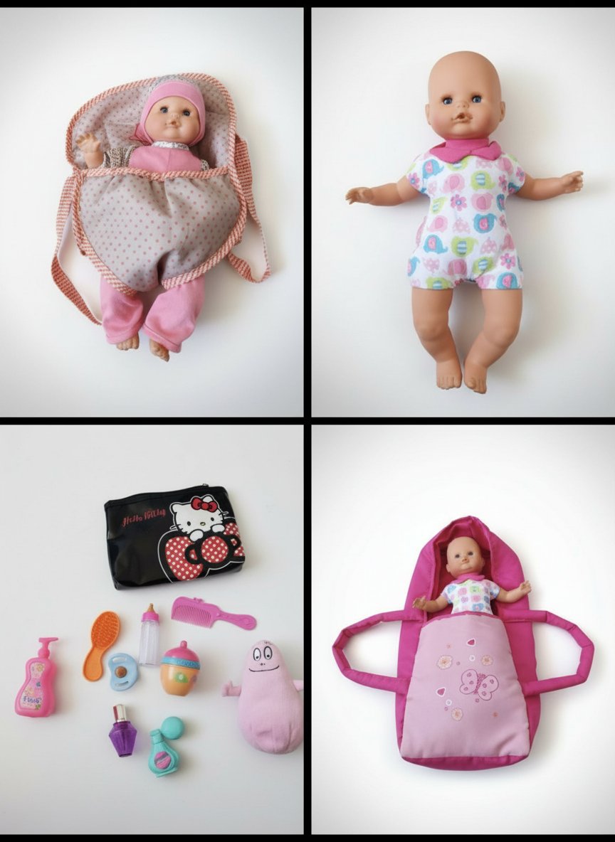 Sublime lot= poupon nenuco+ vêtements + accesoires pour la toilette et pour le nourrir+ couffin+ porte bébé + doudou Barbapapa+sac à langer+ trousse de toilette Hello Kitty 