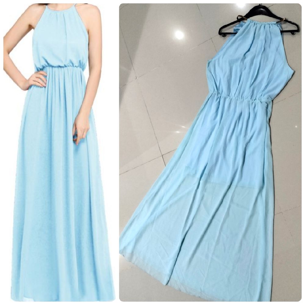 Elegante robe mousseline bleu ciel