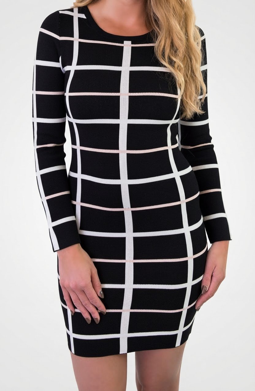Pull robe a carreau ajusté mango noir et blanc