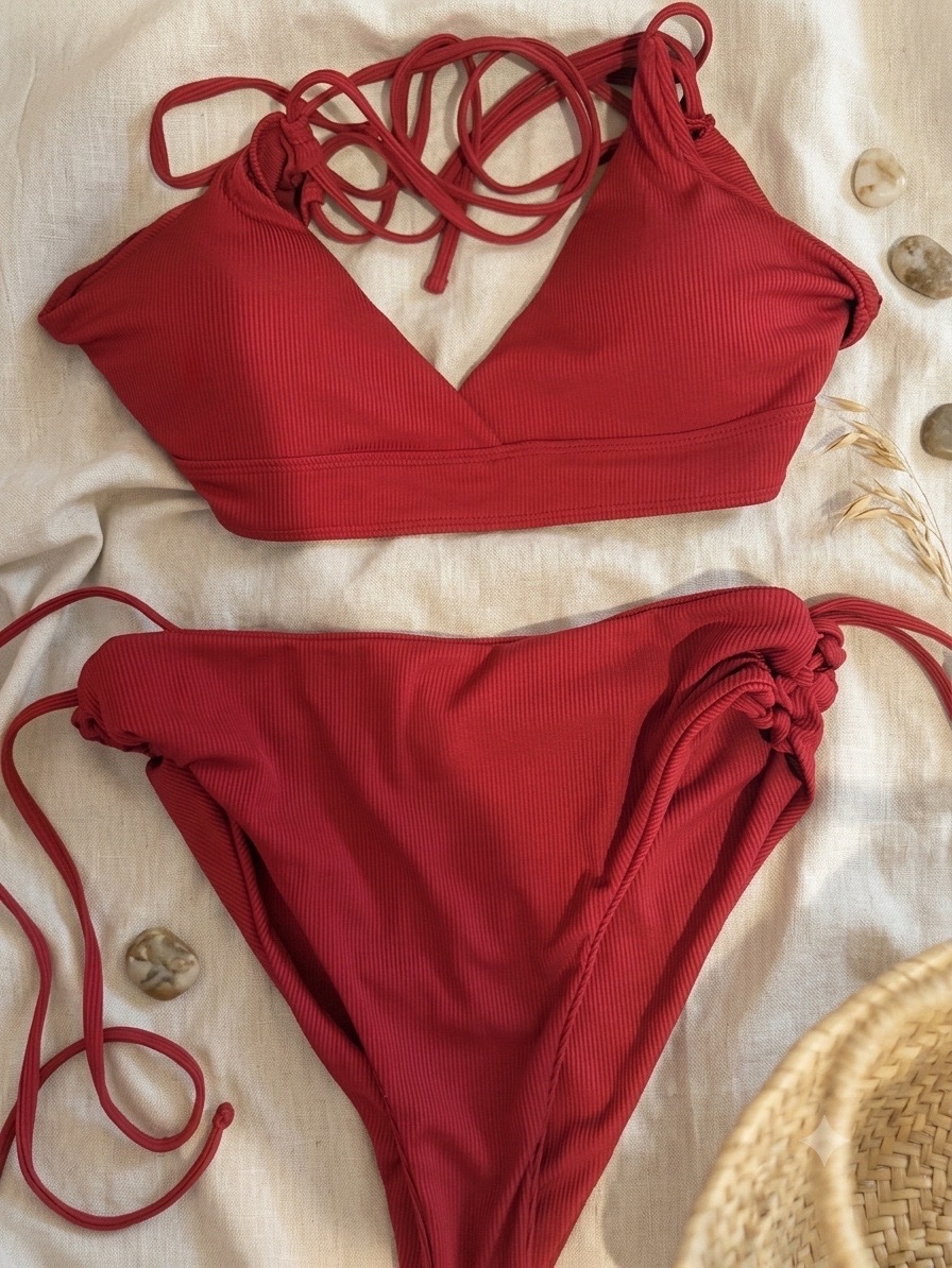 Jamais porté - Bikini 2 Pièces Rouge – Maillot de Bain Sexy Col en V Profond et Taille Haute
